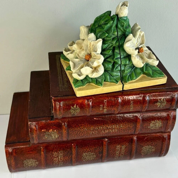 Vintage Bohemian Southern Magnolia Floral Sculpted Bookends White Green Size 4x5 - Picture 1 of 8